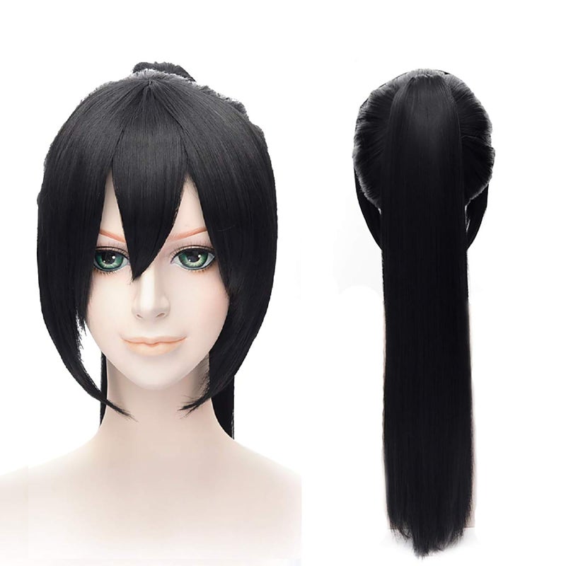Probeauty Girl Stylish Ponytail Black Straight Cosplay Wig Long Black Wig with Bangs for Women Synthetic Wig Anime Cosplay Wig for Halloween Costume Party+Wig Cap - Image 2